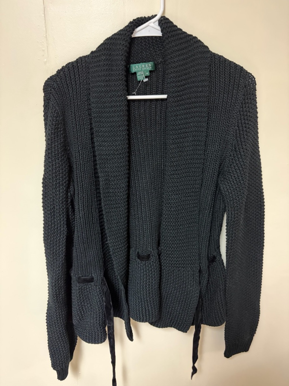Ralph Lauren Black Shawl-Collar Tie-Waist Knit Cardigan